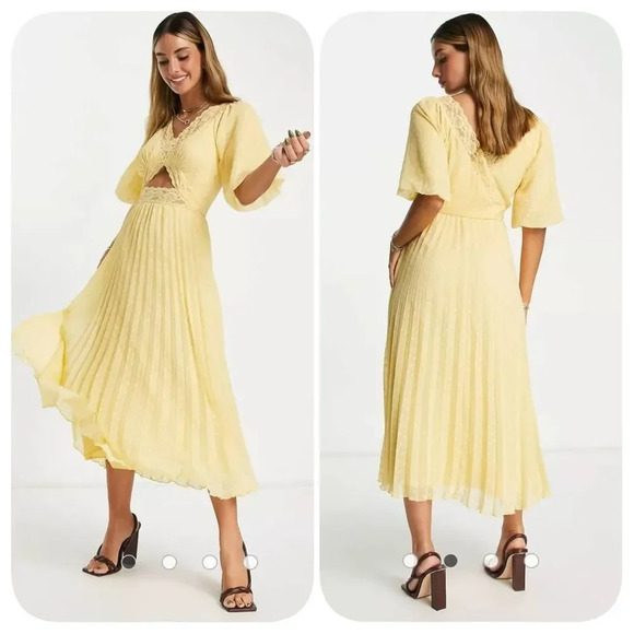 ASOS DESIGN lace insert cut out textured pleated midi dress in lemon yellow Sz 6 - Picture 2 of 12